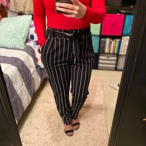 High Waist Belted Striped Pants